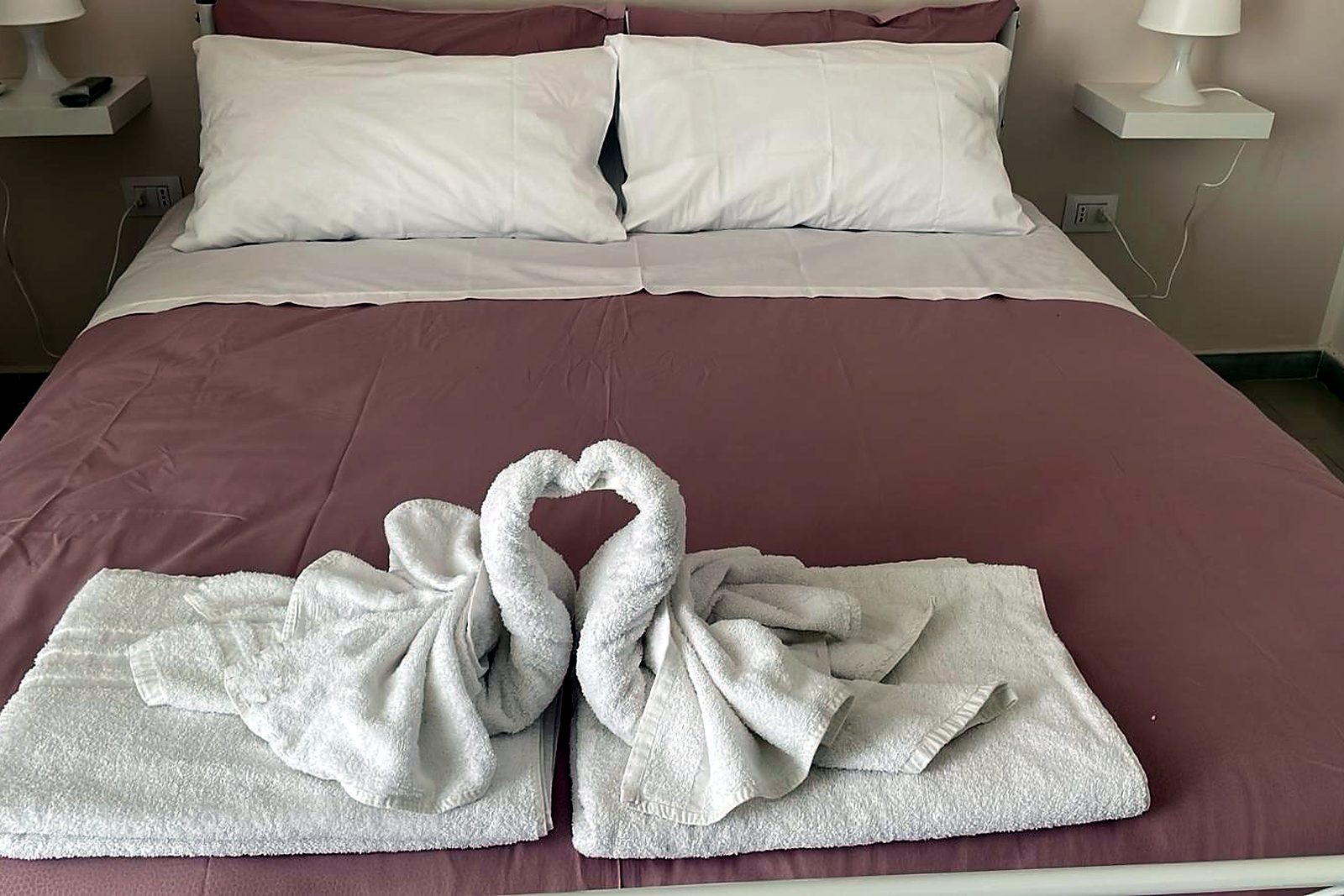 Camera con bagno privato Una notte a Napoli, letto matrimoniale con asciugamani a forma di cigno